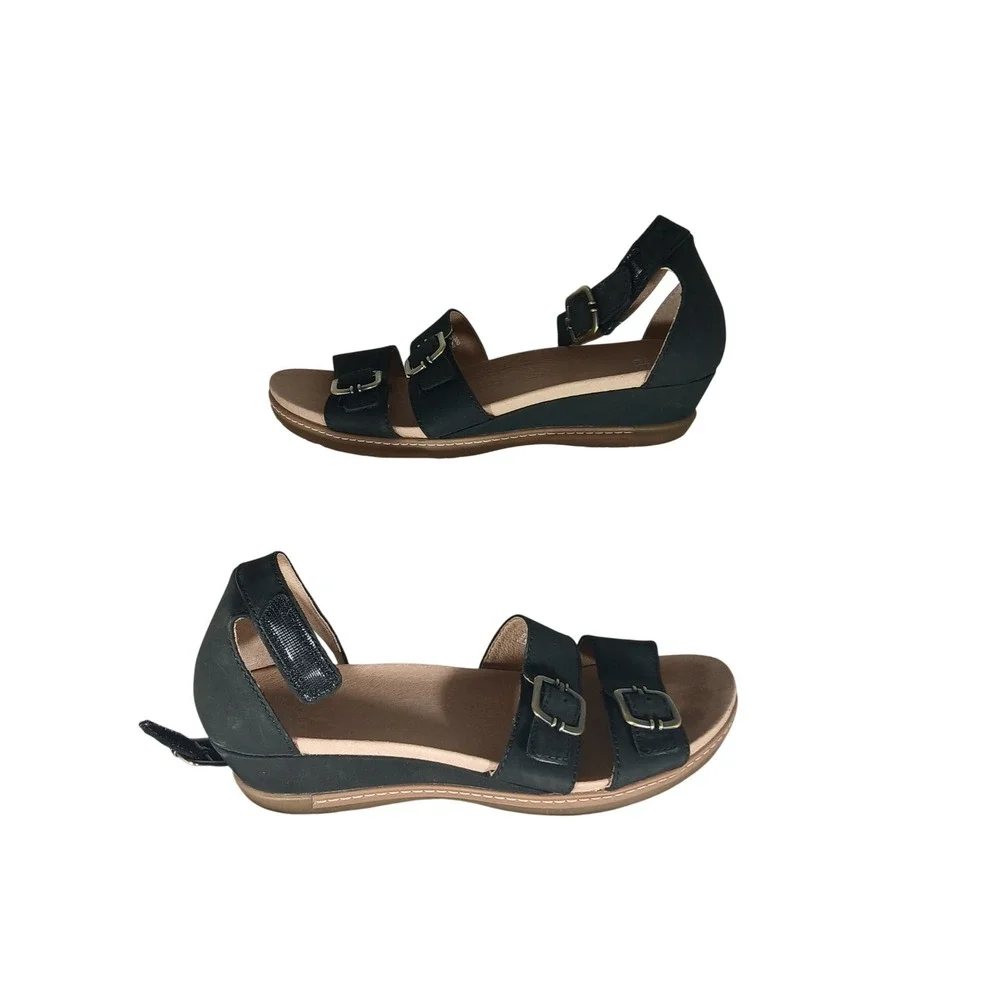 Dansko‎ Leather Wedge Sandals 37 Black Adjustable Multi Strap Comfort Low Heel